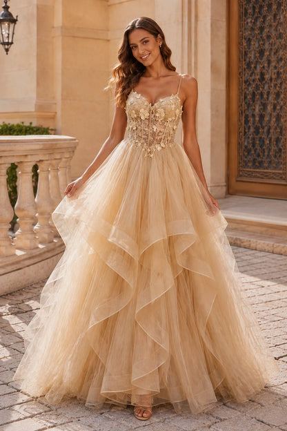 Isavella Light Embellished-Bodice Tiered Tulle Ball Gown Prom Dress in Champagne prom gown, front view