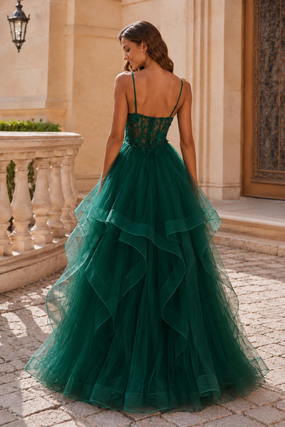Isavella Light Embellished-Bodice Tiered Tulle Ball Gown Prom Dress in Emerald Green prom gown, back view