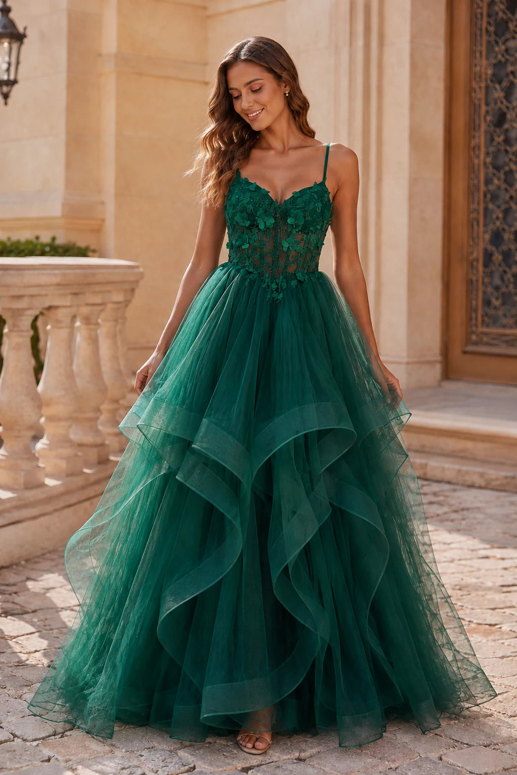 Isavella Light Embellished-Bodice Tiered Tulle Ball Gown Prom Dress in Emerald Green prom gown, front view