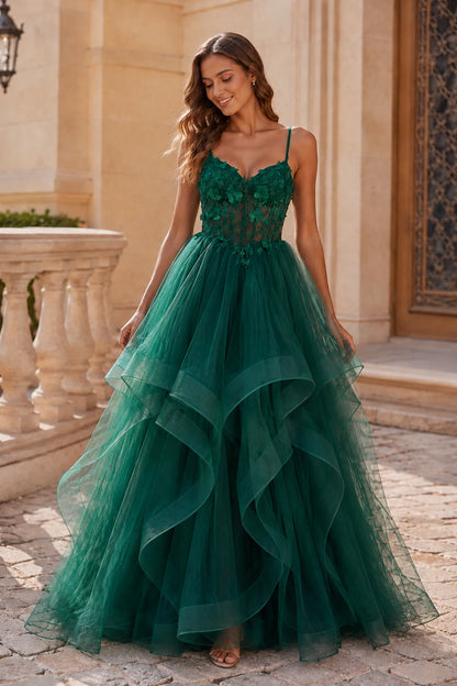 Isavella Light Embellished-Bodice Tiered Tulle Ball Gown Prom Dress in Emerald Green prom gown, front view