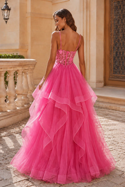 Isavella Light Embellished-Bodice Tiered Tulle Ball Gown Prom Dress in Hot Pink prom gown, back view