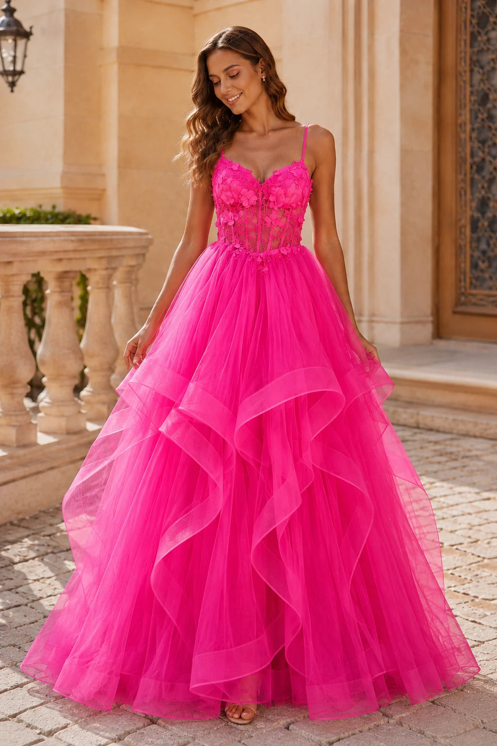 Isavella Light Embellished-Bodice Tiered Tulle Ball Gown Prom Dress in Hot Pink prom gown, front view