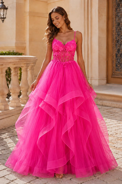 Isavella Light Embellished-Bodice Tiered Tulle Ball Gown Prom Dress in Hot Pink prom gown, front view