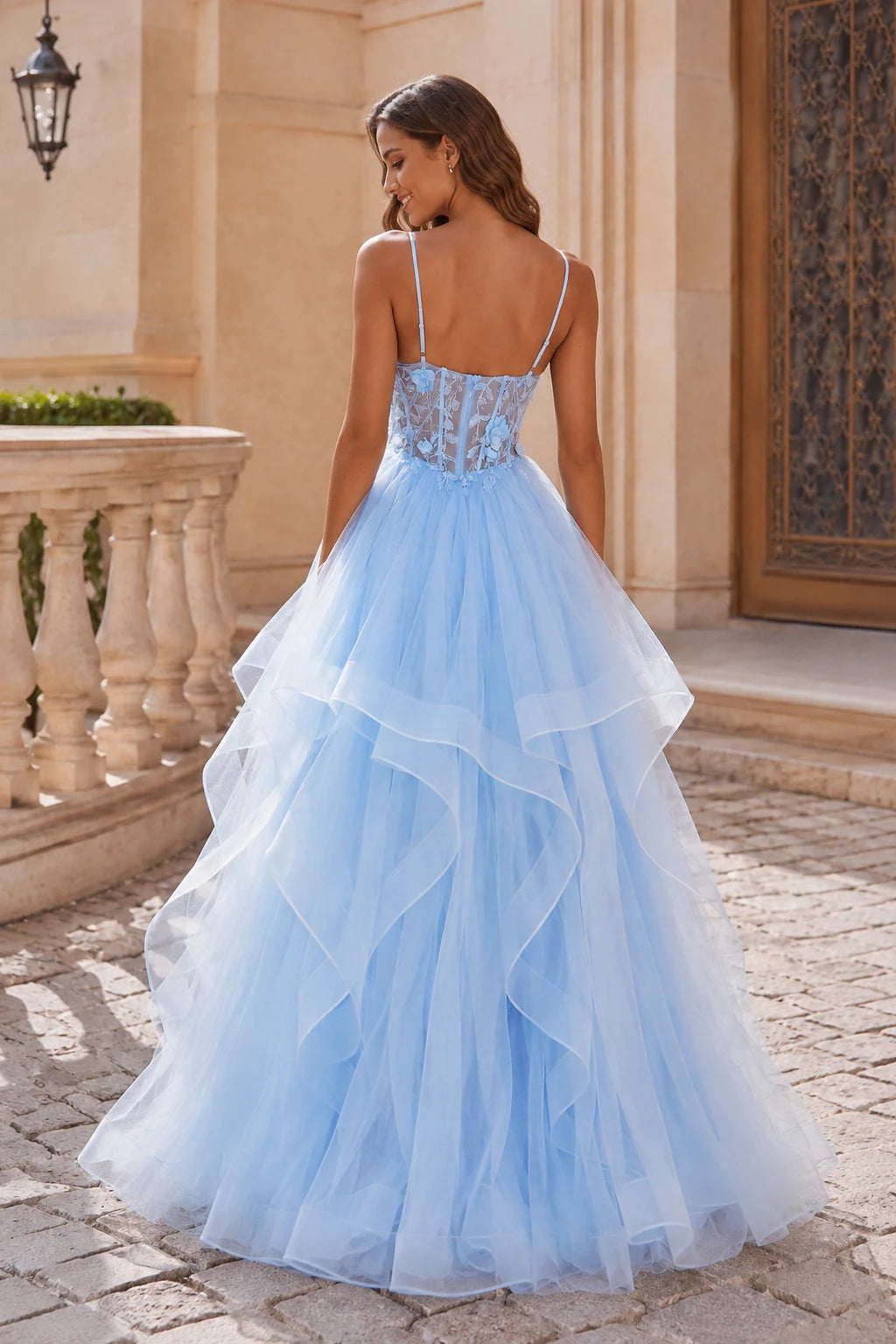 Light Blue embellished-bodice tiered tulle ball gown prom dress S8453P, back view