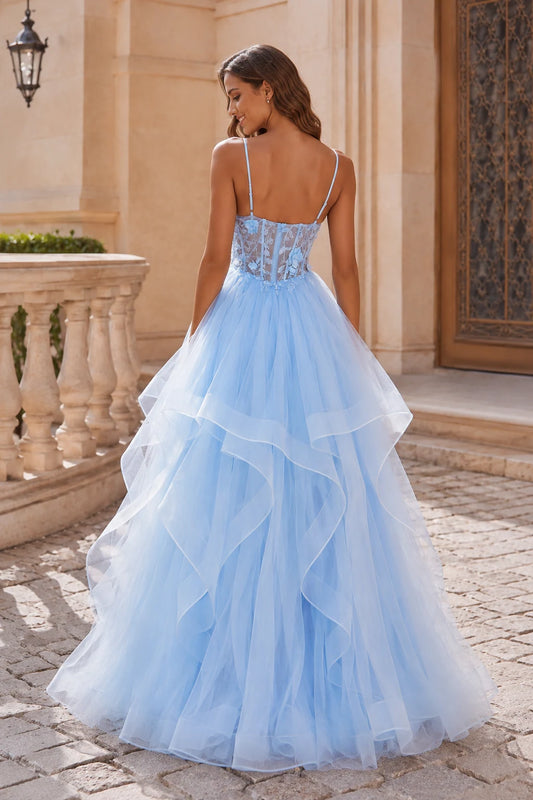 Isavella Light Embellished-Bodice Tiered Tulle Ball Gown Prom Dress in Light Blue - back view