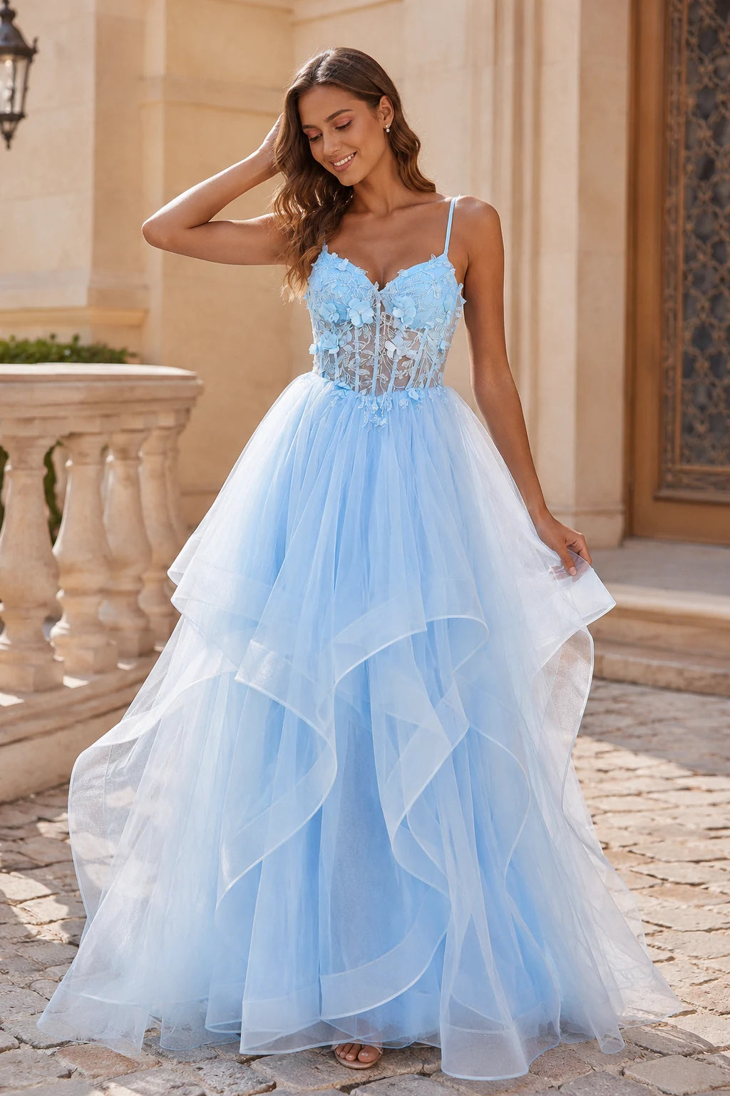 Light Blue embellished-bodice tiered tulle ball gown prom dress S8453P, front view