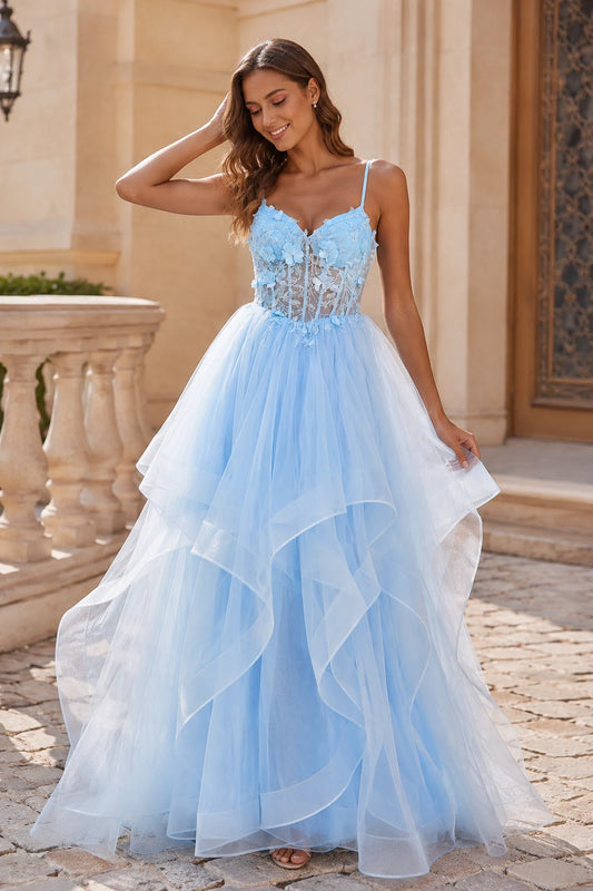Isavella Light Embellished-Bodice Tiered Tulle Ball Gown Prom Dress in Light Blue - front view