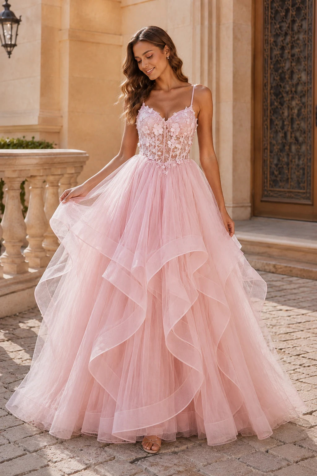 Isavella Light Embellished-Bodice Tiered Tulle Ball Gown Prom Dress in Light Pink prom gown, front view