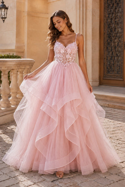 Isavella Light Embellished-Bodice Tiered Tulle Ball Gown Prom Dress in Light Pink prom gown, front view