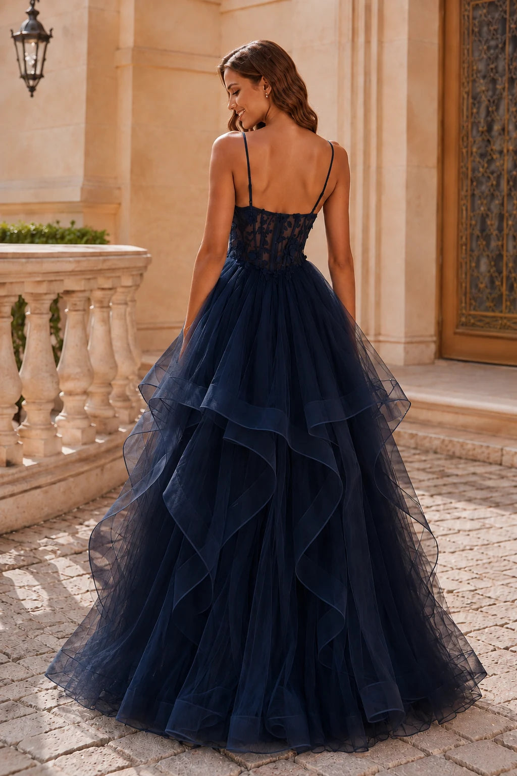 Isavella Light Embellished-Bodice Tiered Tulle Ball Gown Prom Dress in Navy Blue prom gown, back view