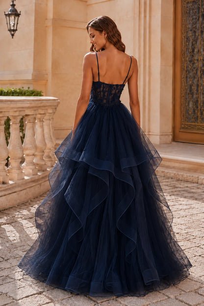 Isavella Light Embellished-Bodice Tiered Tulle Ball Gown Prom Dress in Navy Blue prom gown, back view