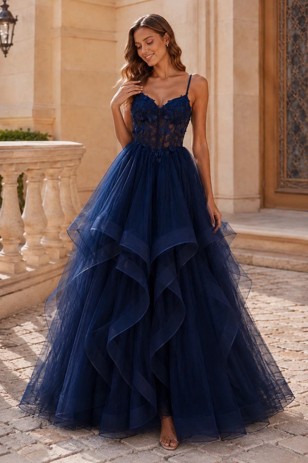 Isavella Light Embellished-Bodice Tiered Tulle Ball Gown Prom Dress in Navy Blue prom gown, front view