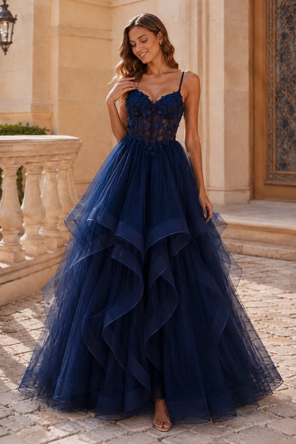 Isavella Light Embellished-Bodice Tiered Tulle Ball Gown Prom Dress in Navy Blue prom gown, front view
