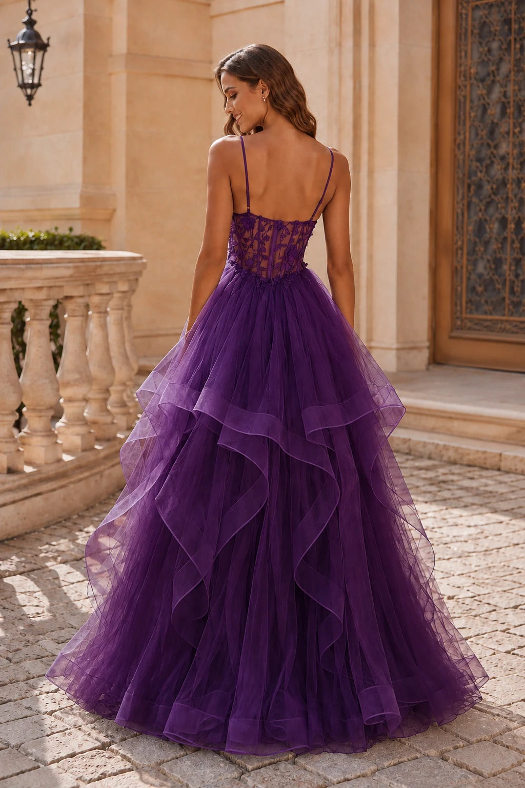 Isavella Light Embellished-Bodice Tiered Tulle Ball Gown Prom Dress in Purple prom gown, back view
