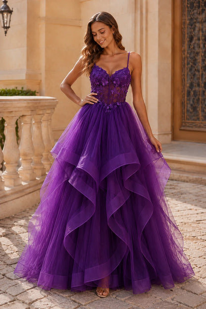 Isavella Light Embellished-Bodice Tiered Tulle Ball Gown Prom Dress in Purple prom gown, front view