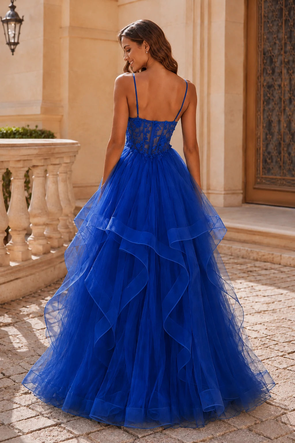 Isavella Light Embellished-Bodice Tiered Tulle Ball Gown Prom Dress in Royal Blue prom gown, back view