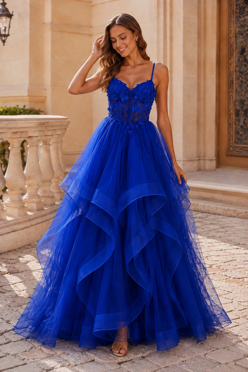 Isavella Light Embellished-Bodice Tiered Tulle Ball Gown Prom Dress in Royal Blue prom gown, front view