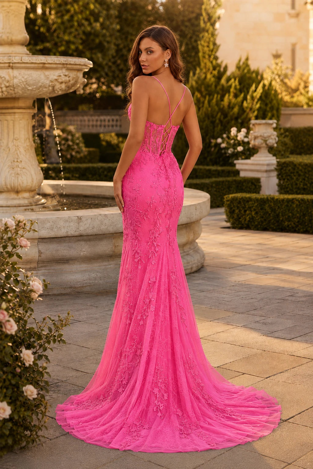 Isaria Periwinkle Sweetheart Embellished Gown with Slit Prom Dress in Hot Pink prom gown, front view