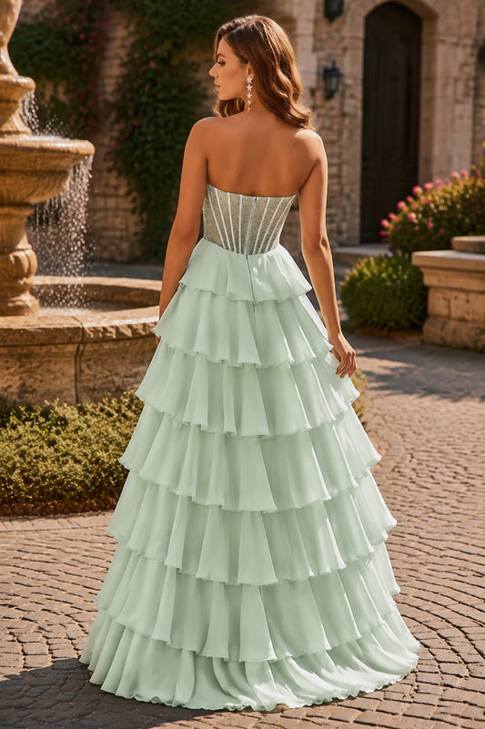 Isanette Mint Corset Tiered Ruffle Gown Prom Dress in Mint - back view