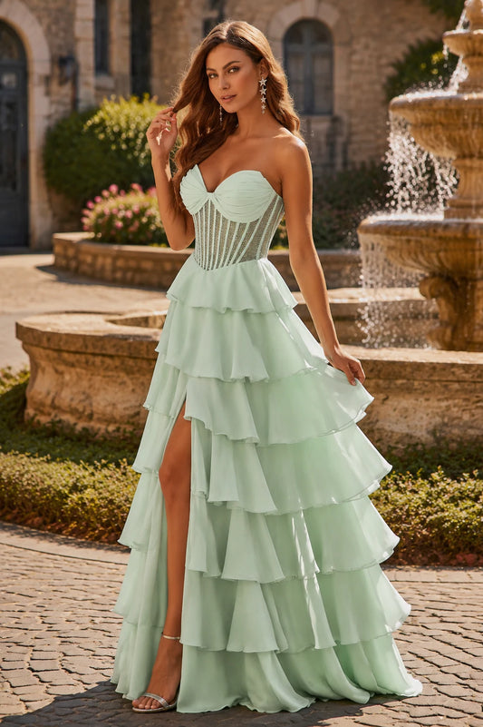 Isanette Mint Corset Tiered Ruffle Gown Prom Dress in Mint - front view