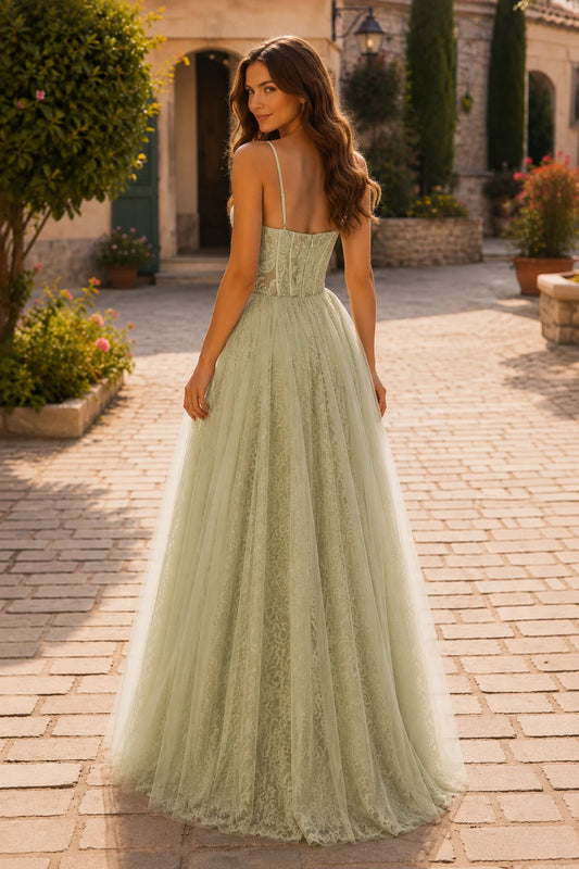 Isabelle Corset Tulle Ball Gown Prom Dress in Sage Green - back view