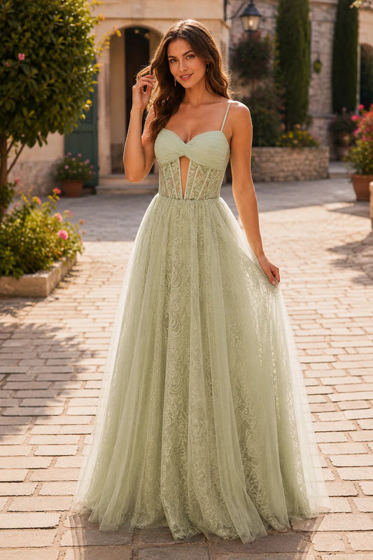 Isabelle Corset Tulle Ball Gown Prom Dress in Sage Green - front view