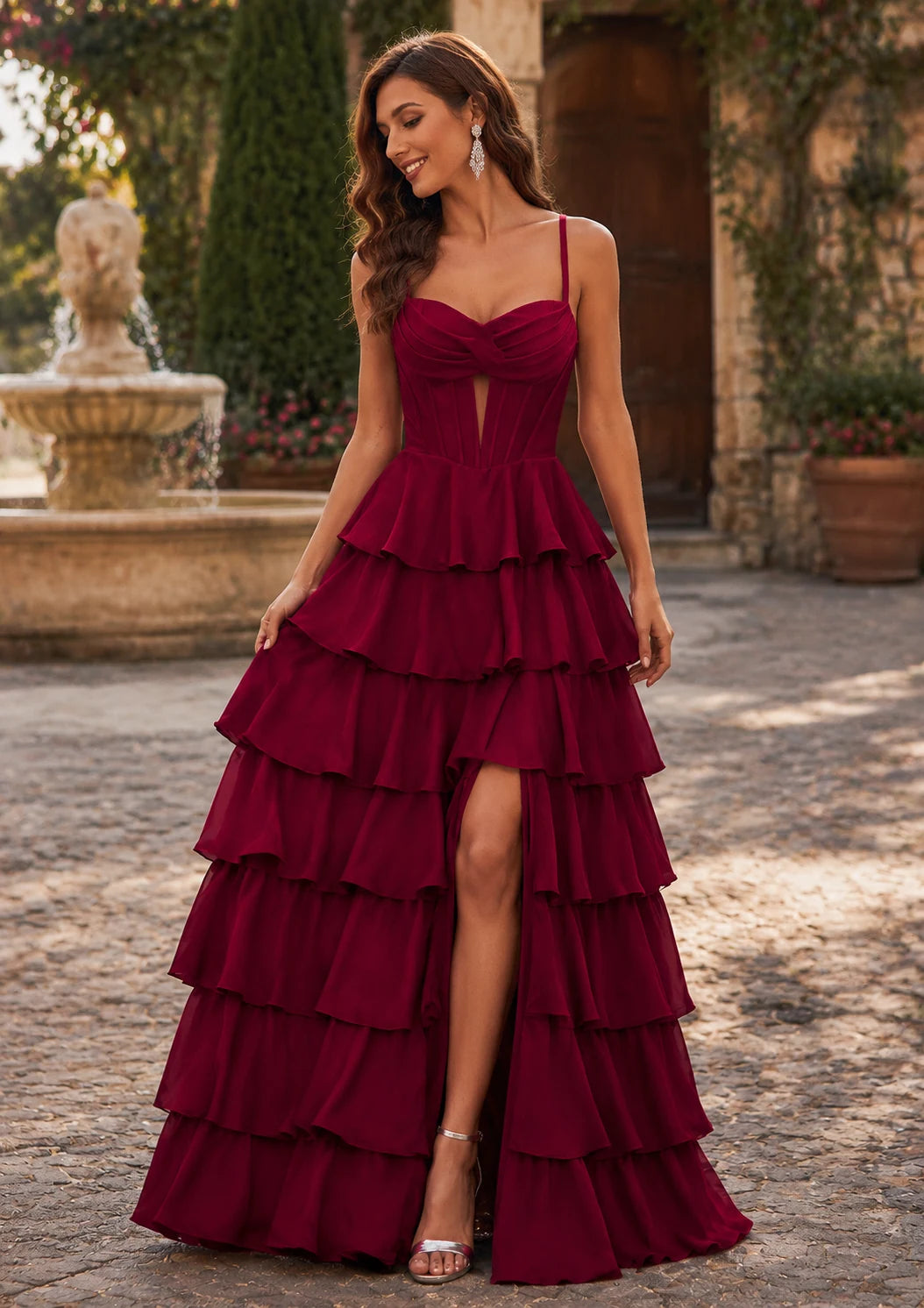 Burgundy tiered ruffle gown prom dress S8478P, back view