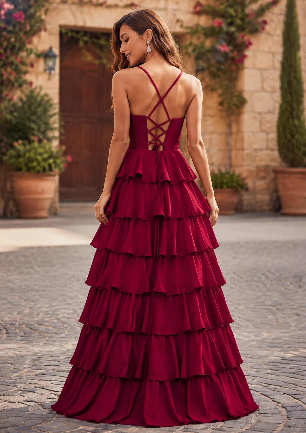 Burgundy tiered ruffle gown prom dress S8478P, front view