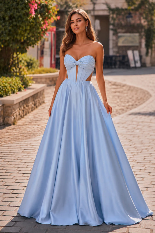 Helrienne Light Strapless Corset Ball Gown Prom Dress in Light Blue - back view