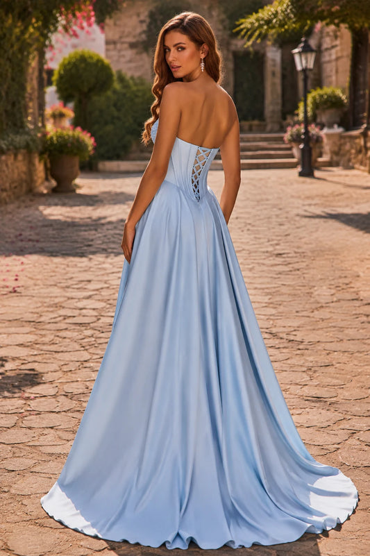 Helrienne Light Strapless Corset Ball Gown Prom Dress in Light Blue - front view