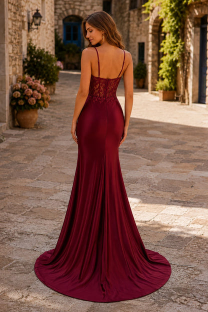 Helmara Light Spaghetti-Strap Embellished-Bodice Gown with Slit Prom Dress in Burgundy prom gown, back view