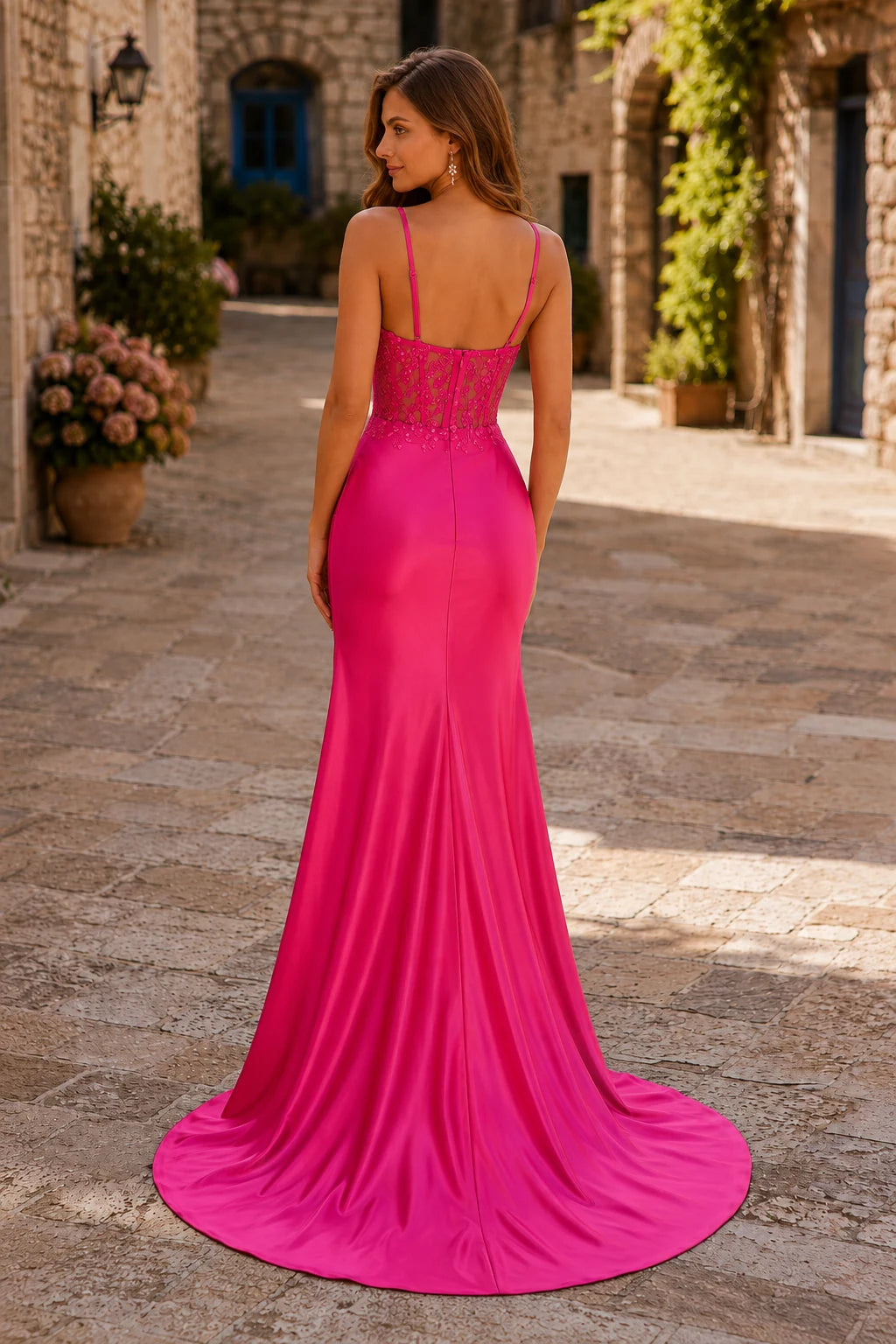 Helmara Light Spaghetti-Strap Embellished-Bodice Gown with Slit Prom Dress in Emerald Green prom gown, back view