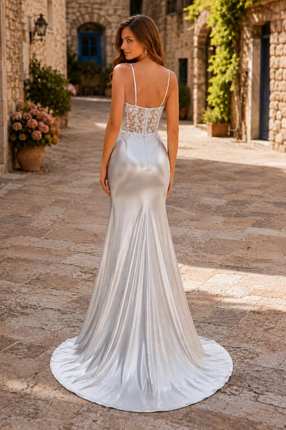 Helmara Light Spaghetti-Strap Embellished-Bodice Gown with Slit Prom Dress in Navy Blue prom gown, back view