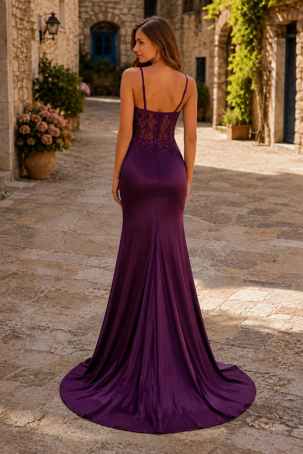Helmara Light Spaghetti-Strap Embellished-Bodice Gown with Slit Prom Dress in Purple prom gown, back view