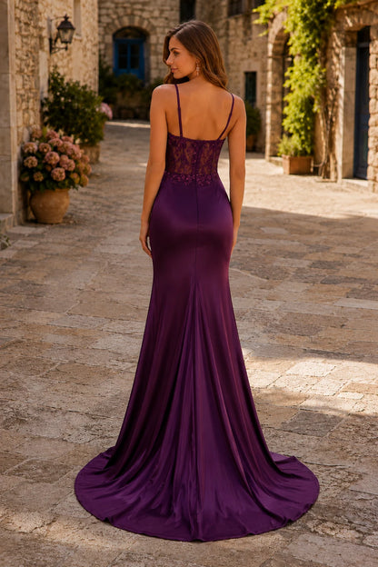 Helmara Light Spaghetti-Strap Embellished-Bodice Gown with Slit Prom Dress in Purple prom gown, back view
