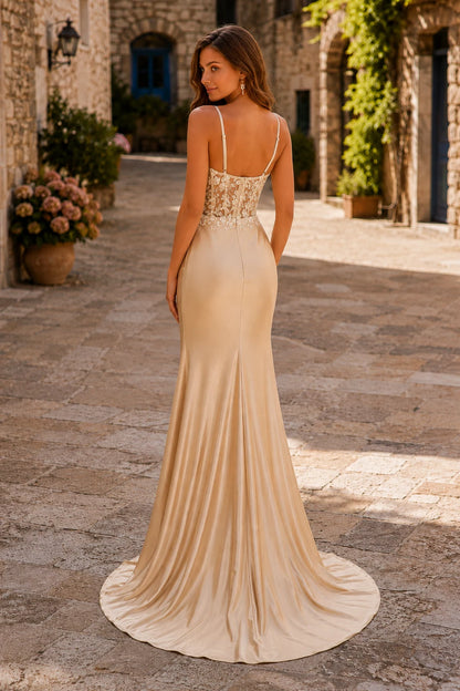 Helmara Light Spaghetti-Strap Embellished-Bodice Gown with Slit Prom Dress in Teal prom gown, back view