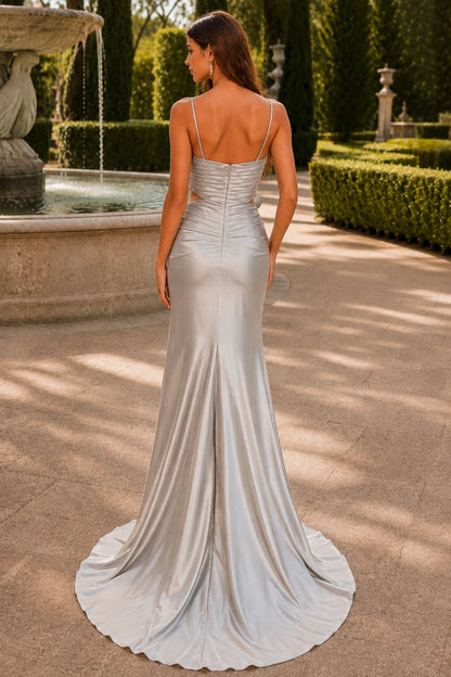 Helvara Spaghetti-Strap Gown with Slit Prom Dress in Silver prom gown, back view