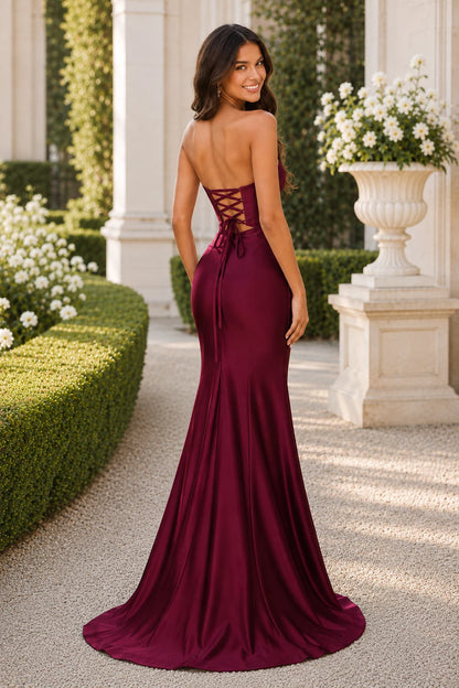 Helselle Icy Strapless Cutout Gown with Slit Prom Dress in Burgundy prom gown, back view