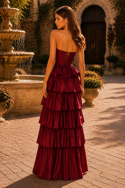 Helthia Strapless Tiered Ruffle Gown with Slit Prom Dress in Burgundy prom gown, back view
