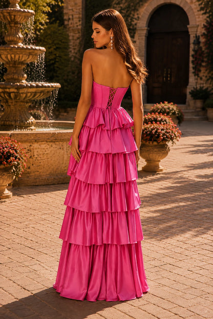 Helthia Strapless Tiered Ruffle Gown with Slit Prom Dress in Hot Pink prom gown, back view