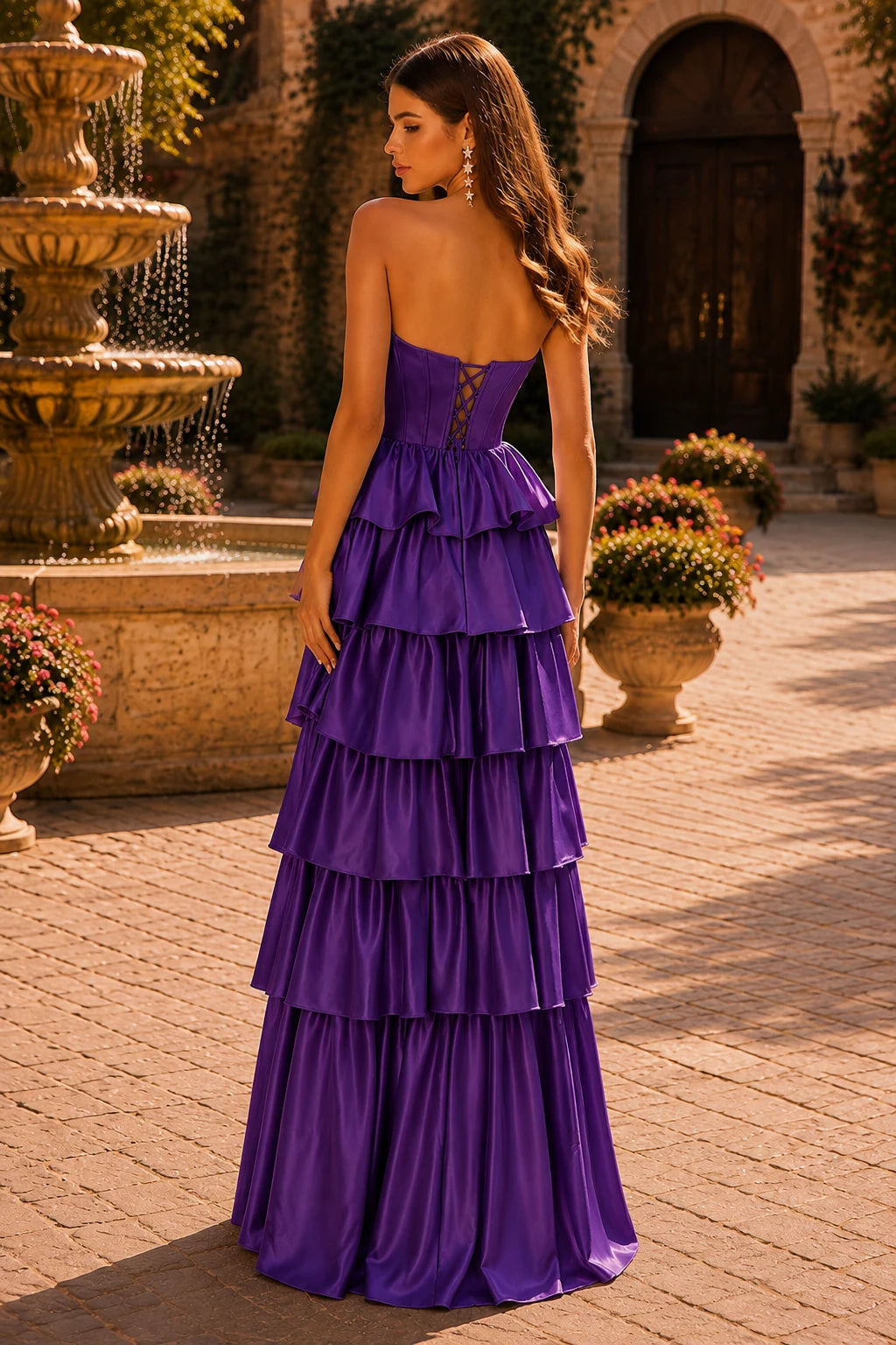 Helthia Strapless Tiered Ruffle Gown with Slit Prom Dress in Purple prom gown, back view