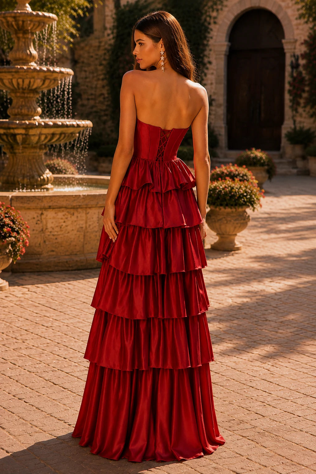 Helthia Strapless Tiered Ruffle Gown with Slit Prom Dress in Red prom gown, back view