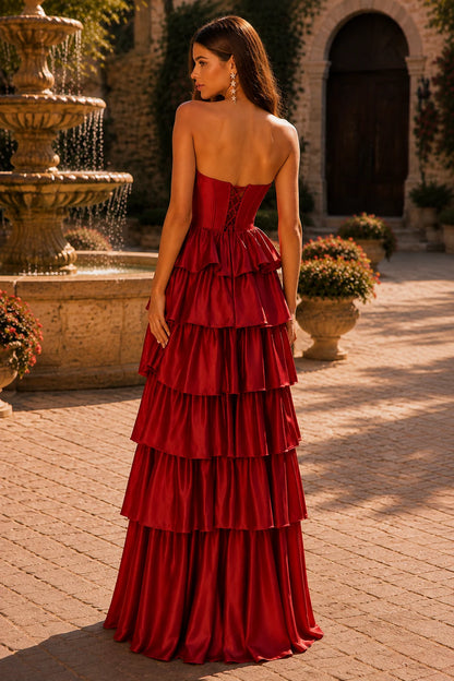 Helthia Strapless Tiered Ruffle Gown with Slit Prom Dress in Red prom gown, back view