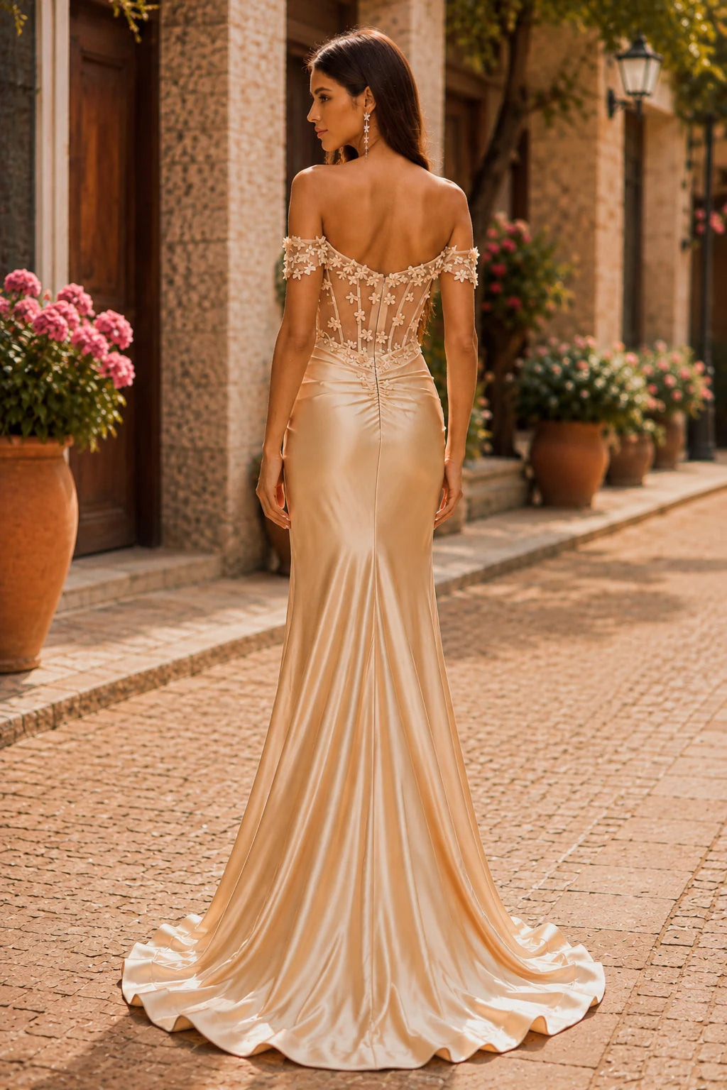 Hellora Off-the-Shoulder Corset Gown with Slit Prom Dress in Blue prom gown, back view