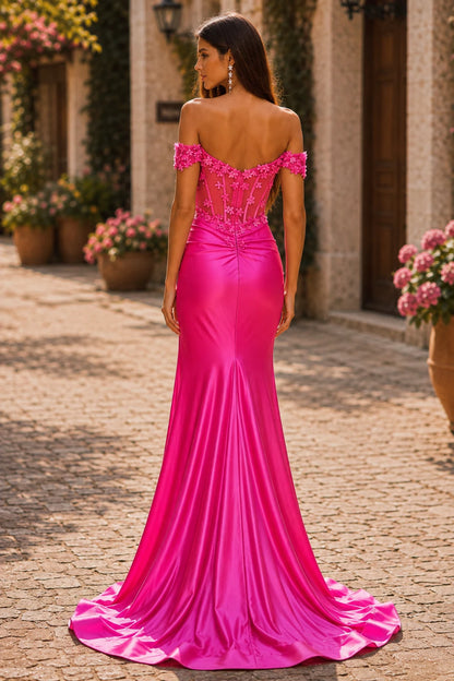 Hellora Off-the-Shoulder Corset Gown with Slit Prom Dress in Hot Pink prom gown, back view