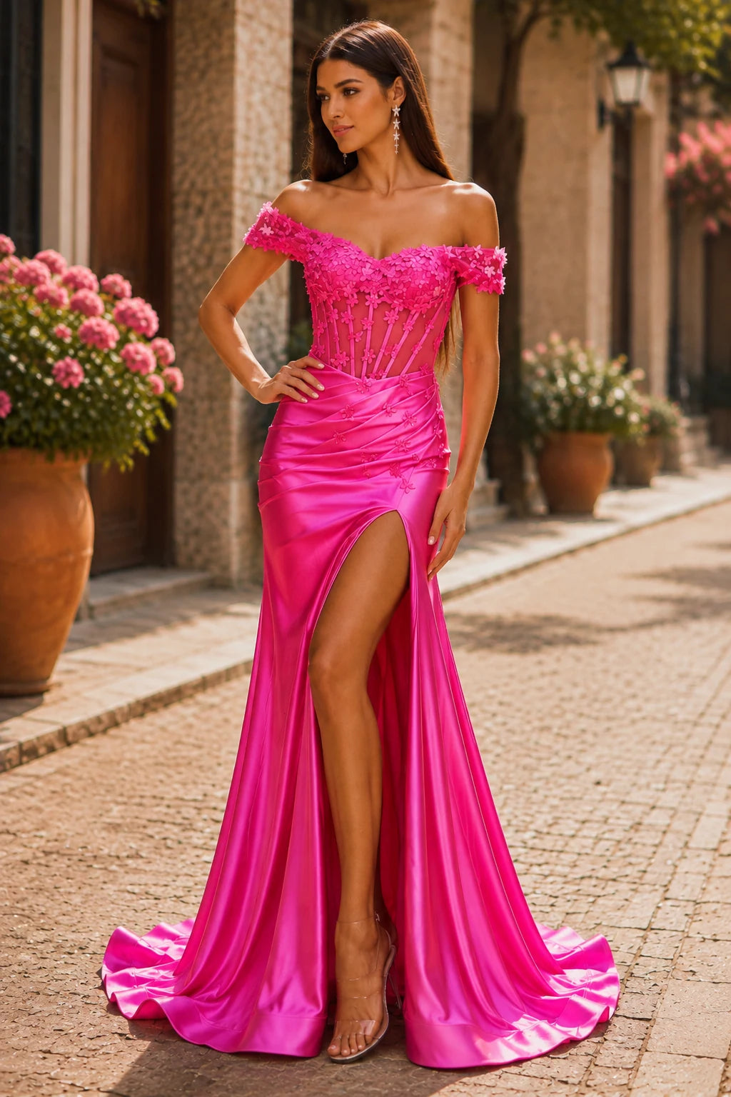 Hellora Off-the-Shoulder Corset Gown with Slit Prom Dress in Hot Pink prom gown, front view