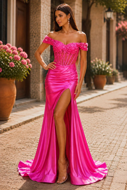 Hellora Off-the-Shoulder Corset Gown with Slit Prom Dress in Hot Pink prom gown, front view