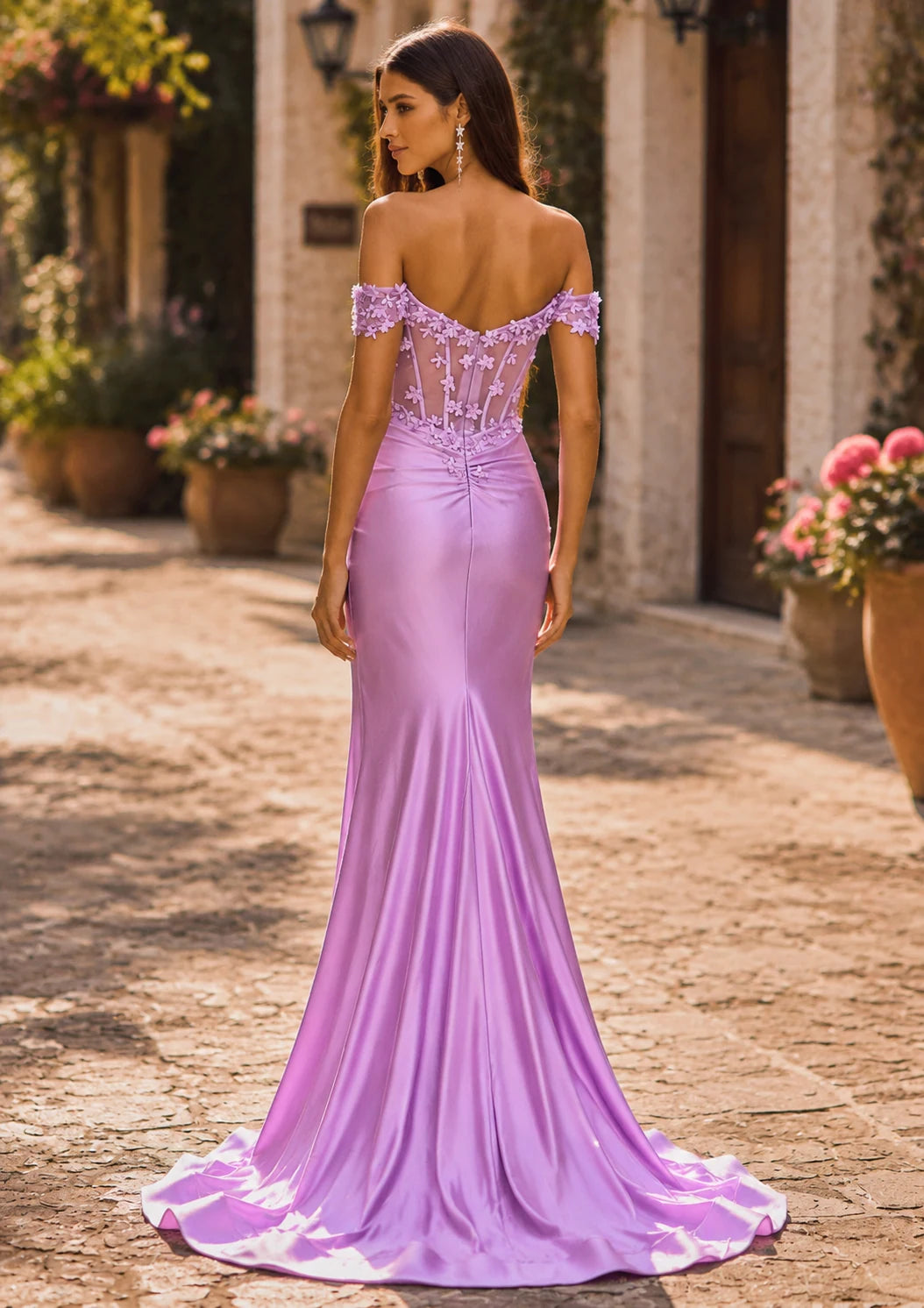 Lavender off-the-shoulder corset gown with slit prom dress S8529P, back view