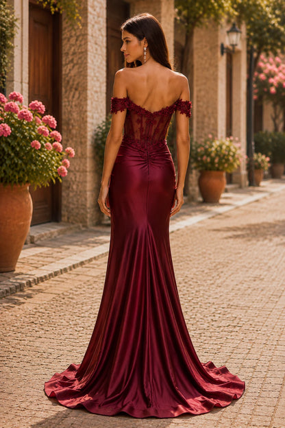 Hellora Off-the-Shoulder Corset Gown with Slit Prom Dress in Red prom gown, front view