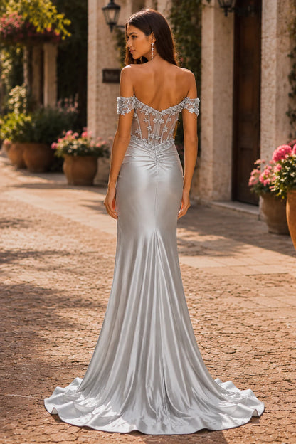 Hellora Off-the-Shoulder Corset Gown with Slit Prom Dress in Silver prom gown, back view